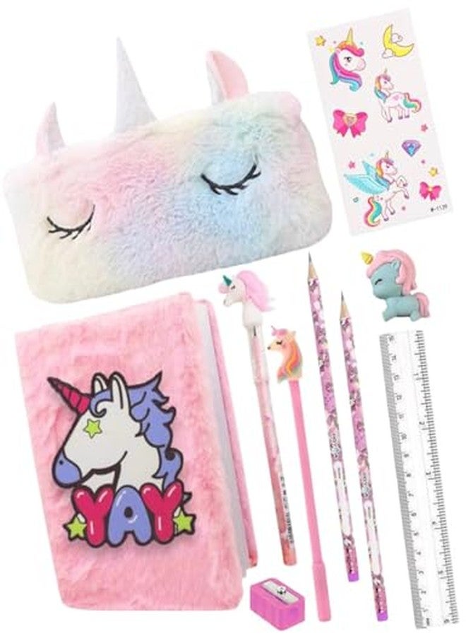GLITREEPROPS Unicorn Plush Diary Set, 7-Piece Stationery Kit with Fur Pouch, Pencils, Pen, Eraser and Stickers, Pink and Rainbow - Image 1